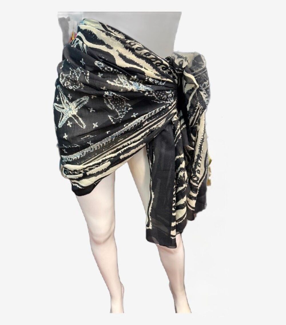 El Marie Black Beach Coverup Tropical Sarong Scarf